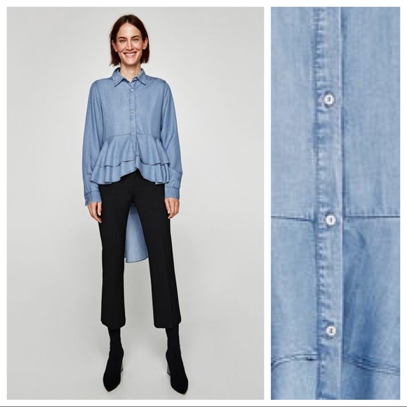 NWT Zara Blue Washed Denim Longline Shirt Size S - Picture 4 of 8